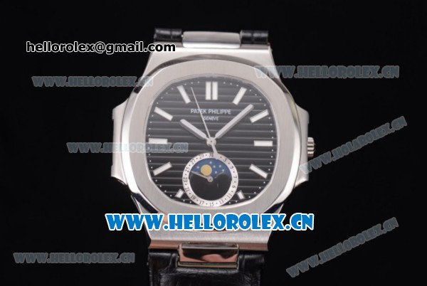 Patek Philippe Nautilus Miyota 9015 Automatic Steel Case with Black Dial Stick Markers and Black Leather Strap - Click Image to Close